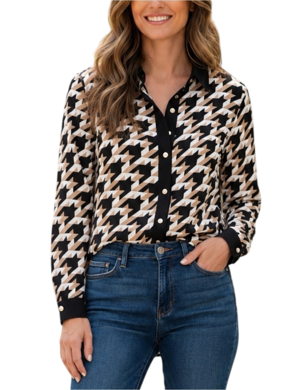 New NWT Anne Klein SMALL Black Cream Houndstooth Button-Down Blouse $89 Tag